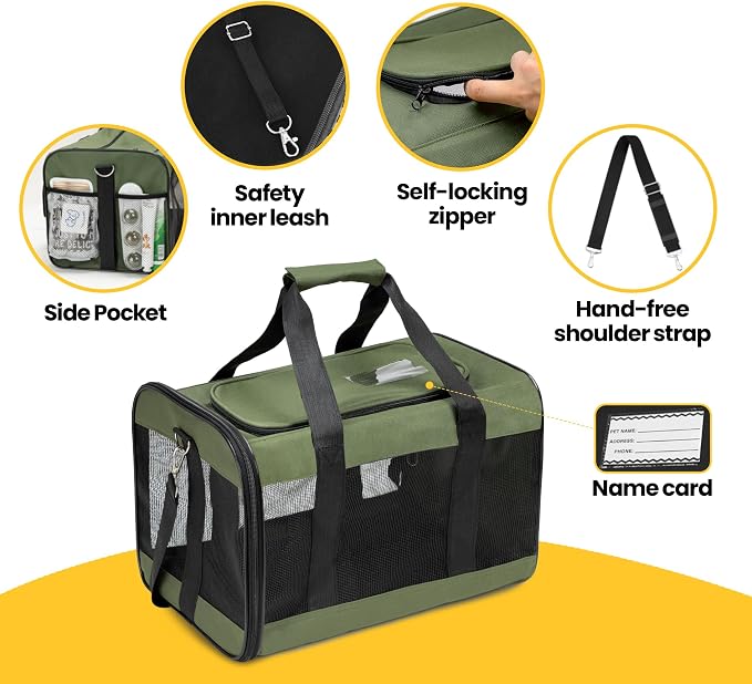 Conlun Dog Carrier Soft Sided, Large Cat Carrier with Inner Safety Leash, Pet Transport Carrier for Large Cats and Medium Dogs up to 20 Lbs, Collapsible Travel Puppy Carrier Bag -Green L