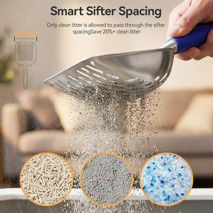 Cat Litter Scoop, Large Long Handle Kitty Metal Scooper, Heavy Duty Aluminum Deep Sifter, Ergonomic Non-Slip Grip, Rustproof Durable Poop Cleaner for Cat Litter Box