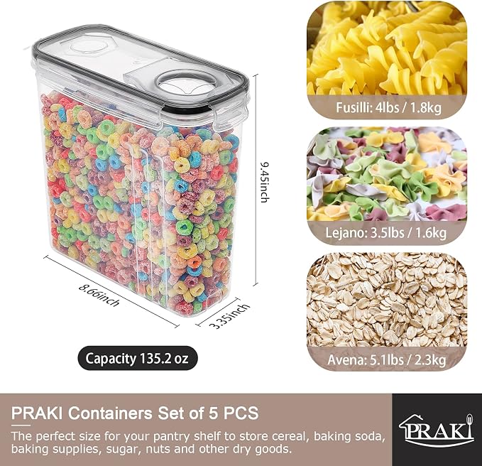 5PCS Large Cereal Containers Storage [4L/135.2 oz], Food Storage Containers | Plastic Dry Food Canisters, Pantry Storage, BPA-Free Kitchen Organizers with Lids for Flour, Sugar, Cereal, Labels & Marker