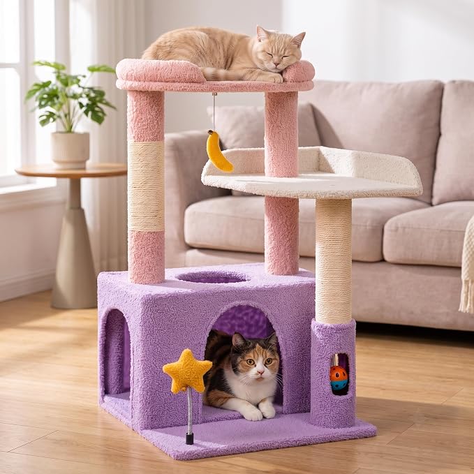 Small Cat Tree, Compact 30" Cat Tower for Indoor Kittens | Plush Finish, Cozy Condo, Soft Top Perch, Sisal Scratching Post, Dangling Ball Toy, Anti-Tip Base, for Cats up to 15 lbs