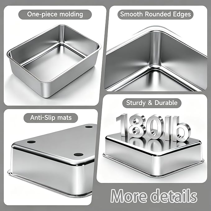 Stainless Steel Litter Pan Open Top Low Entry Easy Cleaning Anti-Urine Leakage Non-Sticky Odor Free Metal Litter Box