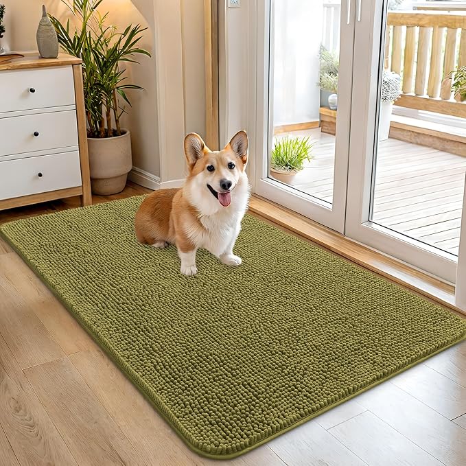 OLANLY Dog Door Mat for Muddy Paws 45x27, Super Absorbent Chenille Mud Mat | Willow Green, Absorbs Moisture and Dirt, Non-Slip Machine Washable Doormat, Quick-Dry Indoor Entryway Floor Carpet for Dogs