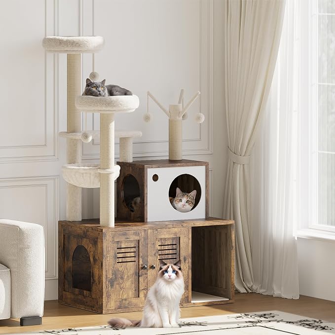 Modern Cat Tree with Hidden Litter Box Cabinet, Multi-Level Cat Condo with Scratching Posts, Perches, Hammock & Basket for Indoor Cats, Brown Wood Finish