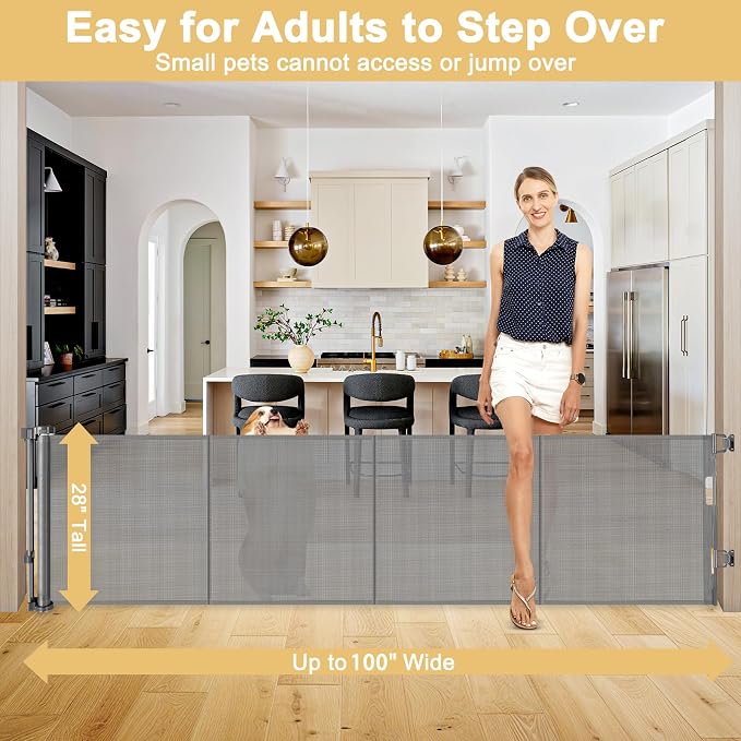 Reinforced 28" Tall Step Over Dog Gate x 100" Extra Wide Retractable Baby Gate with Support Rods, Mesh Baby Gate Retractable Pet Gate Indoor Retractable Gate Outdoor Puppy Gate Long Dog Gate, Gray