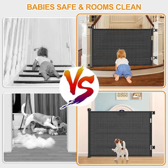 71 Inch Retractable Baby Gates Extra Wide, 41 Inch Reinforced Extra Tall Gate Mesh Safety Gate for Kids Pets, Retractable Dog Gate Baby Retractable Gate for Stair Hallway Doorway Indoor Outdoor, Black