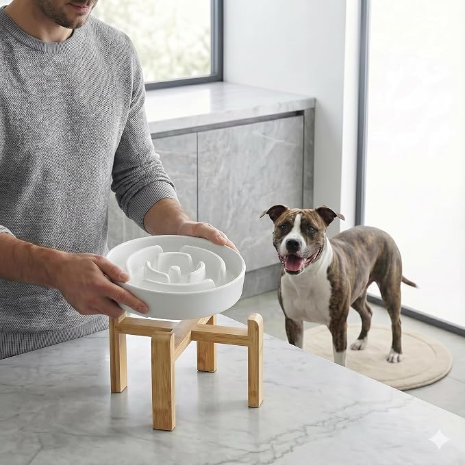 Elevated Slow Feeder Dog Bowl Large Breed, 8.8 Inch Ceramic Slow Eating Bowl with Screw-Assembled Bamboo Stand, Anti-Choking Raised Maze Design for Medium to Large Dogs, 3.2 Cup, White