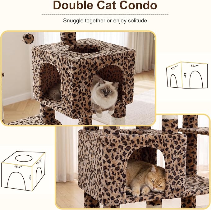 Heybly Cat Tree, 76-Inch Tall Heavy Duty Cat Tower for Big Cats HCT039BW | Multi-Level Large Cat Furniture with Extra Wide Baseboard, 2 Condos & 2 Hammocks, 10 Scratching Posts, Leopard Print