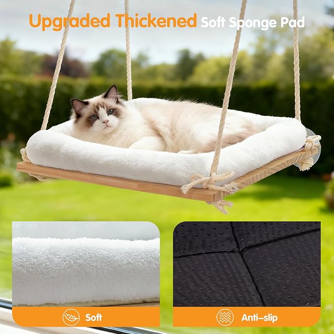 Cat Window Perch Hammock with Solid Wood Seat & Plush Cushion | 4 heavy-duty suction cups, comfortable indoor cat bed & perch, sturdy wooden window seat, space-saving cat hammock
