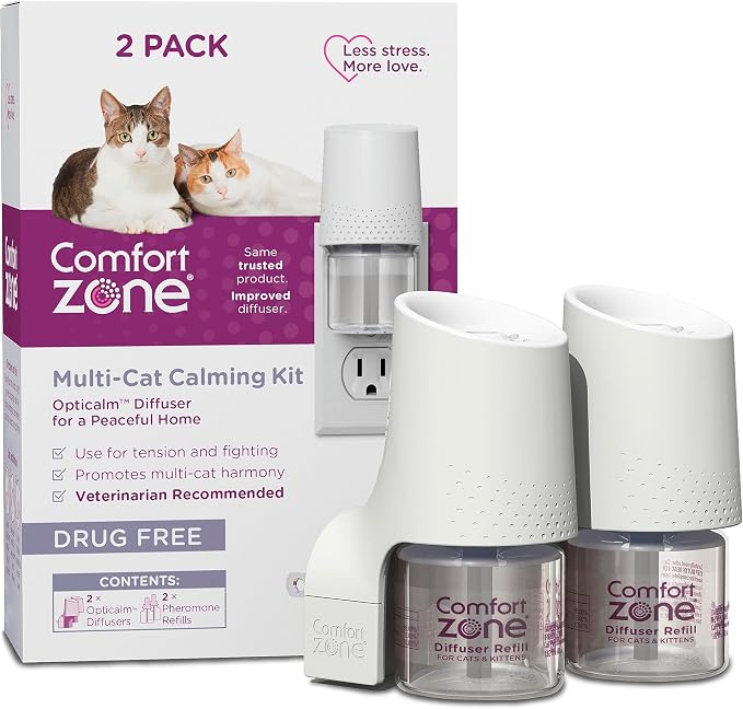 Comfort Zone Multi Cat Calming 2 Room Kit, 2 Diffusers & 2 Refills | Reduce cat stress & multicat aggression & urine marking & scratching, drug & fragrance free, expert recommended, 24/7 calming