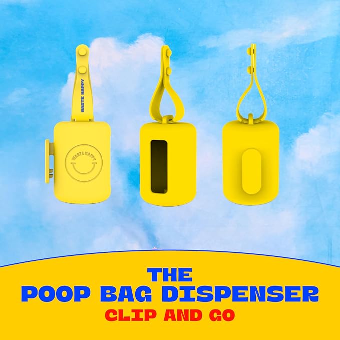 Dog Poop Bag Dispenser with 15 14" Bags Capacity | Yellow Silicone Dog Poop Bag Holder for Leash | Durable, Portable & Refillable Waste Bag Case | Only Fits Waste Happy bags