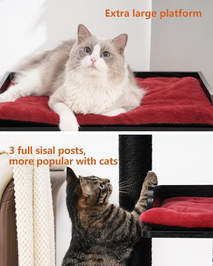 43.7" Modern Cat Tree, Cat Tower for Large Cats, Wood Cat Tree | Maine Coon Cat Tree, Cat Tower with Scratching Post, Large Perch and Removable Pads, Black&Red