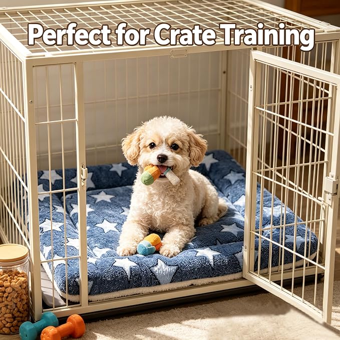 Dog Bed Mat - Comfortable Dog Kennel Pad, Multi-Purpose Crate Bed Mats for Dogs & Cats (NavyBlue&Stars, 24.0" L x 18.0" W x 1.5" Th)