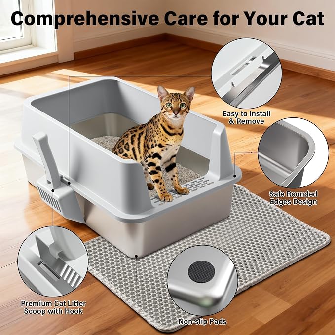XL Stainless Steel Litter Box with High Sides, Extra Large Metal Cat Litter Box for Big Cats, Anti-Urine Leakage, Easy Clean, Non-Sticky, Includes Scoop & Mat