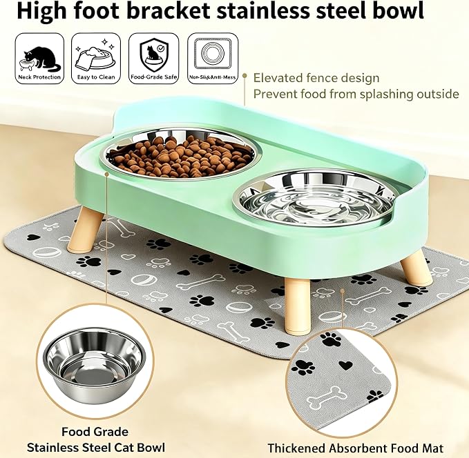 Elevated Dog Bowls with Mat, 2 Stainless Steel for Small Dogs Under 25 Lb | Raised Bowl Stand, Food & Water Set for Cats & Puppies, Splash Proof, Dishwasher Safe, Stain-Resistant Quick-Dry Mat