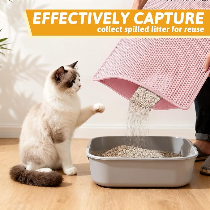 Pieviev Litter Box Mat, Double-Layer Urineproof Design, 30" x 24" Pink | Honeycomb Litter Trapping Mat Captures Scattered Particles to Stop Tracking, Waterproof Base Protects Floors, Easy to Clean