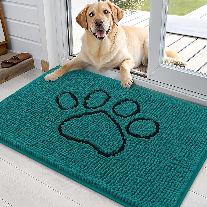 OLANLY Dog Door Mat for Muddy Paws 36x24, Paw Print Design Chenille Mud Mat | Lake Blue, Absorbent, Traps Moisture and Dirt, Non-Slip Washable Doormat, Quick-Drying Indoor Entryway Floor Carpet for Dogs