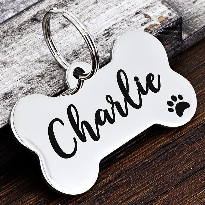 Ultra Joys Personalized Dog Tags for Pets - Durable Stainless Steel Customizable Dog Cat ID Tags - Dog Tags for Safety Optional Engraved on Both Sides -Bone Shape Dog Tag Small Size, Silver