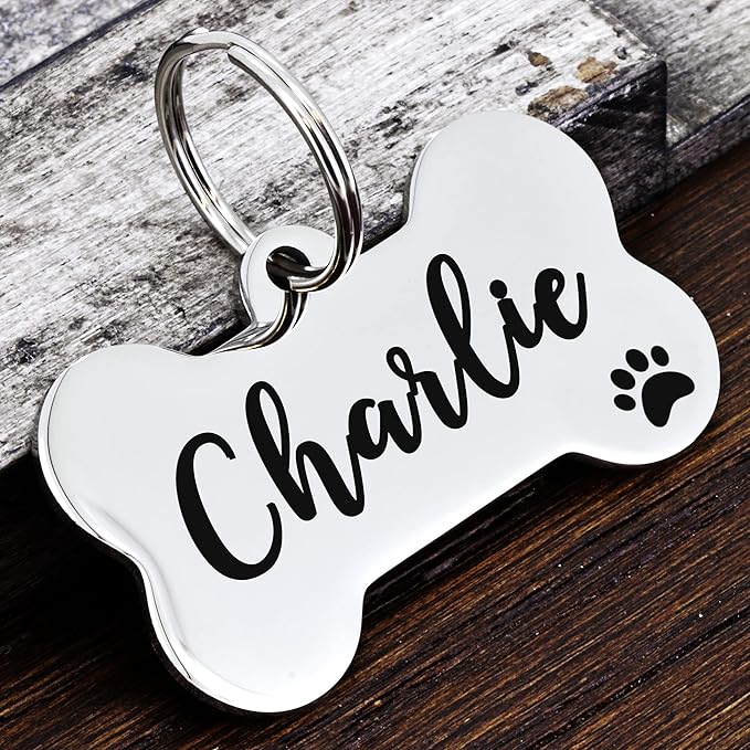 Ultra Joys Personalized Dog Tags for Pets - Durable Stainless Steel Customizable Dog Cat ID Tags - Dog Tags for Safety Optional Engraved on Both Sides -Bone Shape Dog Tag Large Size, Silver