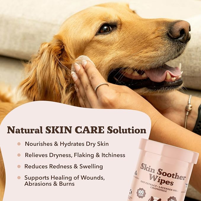 Natural Dog Company Skin Soother Wipes, 100 Count, Pet Wipes for Dogs, Hypoallergenic Formula, Dog Moisturizer for Dry Skin, Grooming, Pet Itch Relief for Dogs