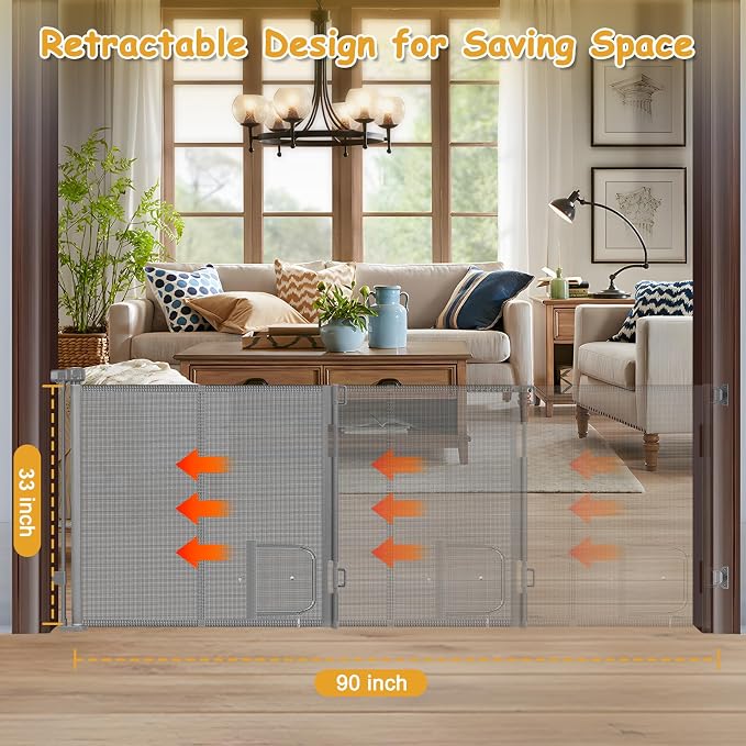Reinforced 90” Extra Wide Retractable Dog Gate with Cat Door 33 Inch Tall Retractable Pet Gates for Wide Openings Mesh Baby Gate with Cat Door Long Gates for Kids or Pets with Reinforced Strips, Gray