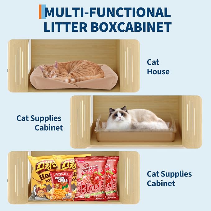 Cat Tree with Litter Box Enclosure, Multi-Level Cat Tower with Hidden Litter Box Furniture, Large Plush Top Perch, Sisal Scratching Posts, Cat Condo & Hammock for Indoor Cats, Living Room,Natural Wood