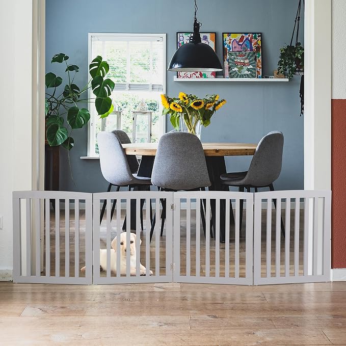 ZENY 24 Inch Pet Dog Gate, Foldable Freestanding Dog Door 4 Panel, White Wooden Z Shape Step Over Pet Fence for Entryway, Stairs, Doorway (Grey)