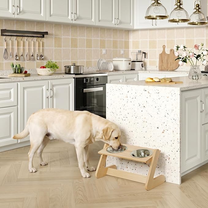 Solid Birch Wood Elevated Dog Bowl Stand for Large & Medium Dogs | Raised Dog Bowl Stand, 3 Heights, 10° Angled Top, Water-Resistant Finish, 2 Stainless Bowls, 8" Openings