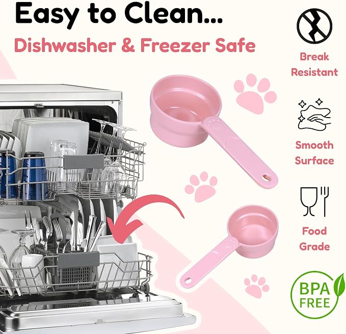 1 Cup Dog Food Scoop, Extra Long Handle Sturdy Melamine Pet Food Measuring Scoop with Clear Marking Lines, BPA-Free, Shatterproof, Dishwasher Safe (Pink*2, 1 Cup)