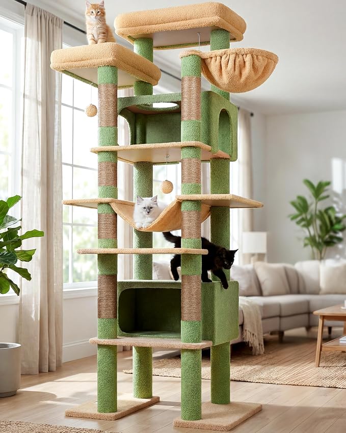 Globlazer Cactus Giant Tall Heavy Duty Cat Tower for Indoor Large Cat, F83B | XXL Multi-Level Large Cat Condo with 8 Scratching Posts, Hammock, 2 Cat Caves, 2 Platform, Green