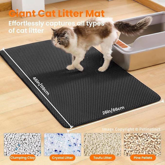 Jumbo Cat Litter Mat, Double Layer Honeycomb Litter Box Mat | 46x26”, Reduces Litter Tracking, Easy to Clean, Waterproof, Non-Slip, Soft on Paws, Scratch Resistant, Black, XXL