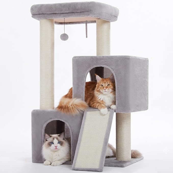PAWZ Road Large Cat Tree, 45" Heavy Duty Cat Tower with Dual Condos, 3 Thick Full Wrapped Sisal Posts(φ4.3), Spacious Top Perch, Scratching Ramp for Large Cats,Gray