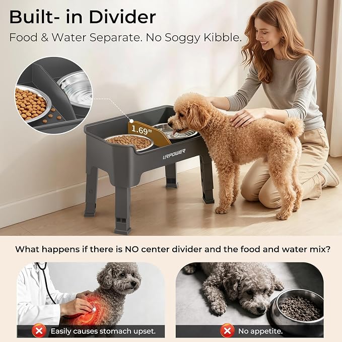 URPOWER Mess Proof Elevated Dog Bowls 4 Height Adjustable Raised Bowl Stand with 2 Stainless Steel Dog Bowls Non-Slip Food and Water Bowl Set for Small Dogs, Grey