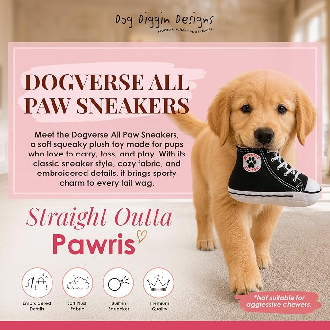 Dog Diggin Designs Dogverse All Paw Sneakers Plush Dog Toy | Luxury-Inspired Parody Designer Sneaker with Squeaker, Soft Plush Fashion Dog Toy – Street-Style Play Essential