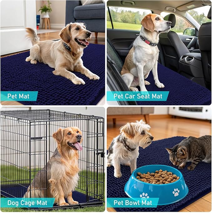 OLANLY Dog Door Mat for Muddy Paws 48x30, Super Absorbent Chenille Mud Mat | Navy Blue, Absorbs Moisture and Dirt, Non-Slip Machine Washable Doormat, Quick-Drying Indoor Entryway Floor Carpet for Dogs