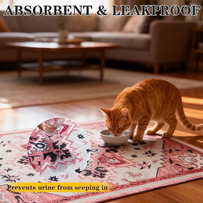 EXPAWLORER Cat Litter Mat, 20”x32” Small Non-Slip Urine Waterproof Litter Trapping Mat Easy to Clean Washable Litter Box Mat for Floor Soft on Kitty Paws, Indoor Food Mats Rug Pads for Bathroom Pink