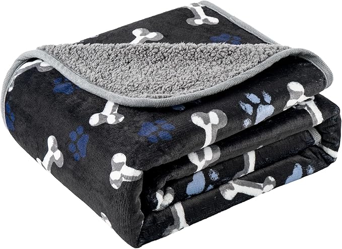 Waterproof Dog Blankets Pet Blanket 50"x60", Soft Fluffy Sofa Car Bed Protector, Reversible Sherpa Fleece Dog Blanket for Large Dogs(Navy Paws)