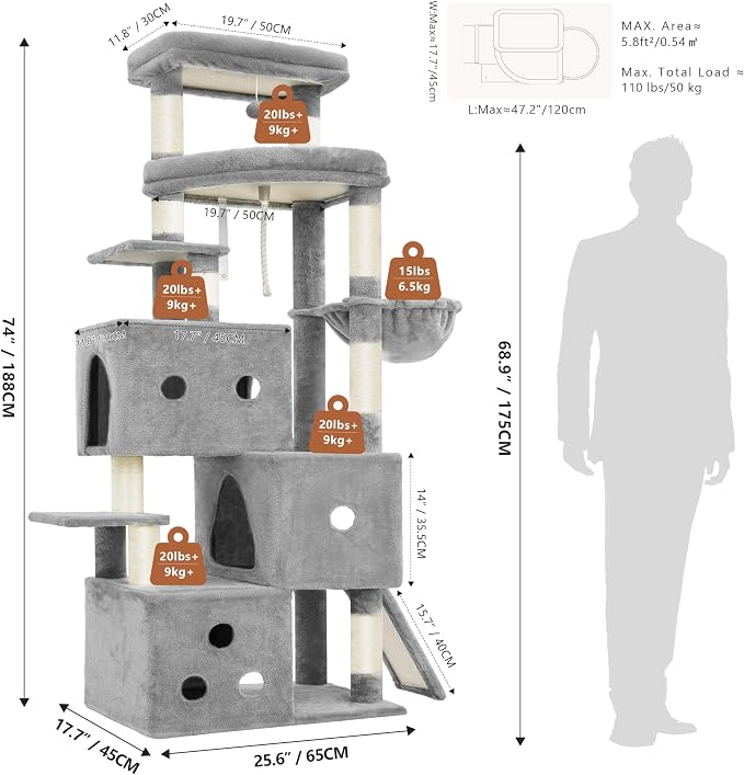 Heybly Cat Tree, 74-Inch Streamlined Cat Tower for Large Cats HCT061W | Cat Furniture with 3-Tier Stacked Condos, Large Perch, Sturdy Base, Full Sisal Scratching Posts & Ramp, Light Gray