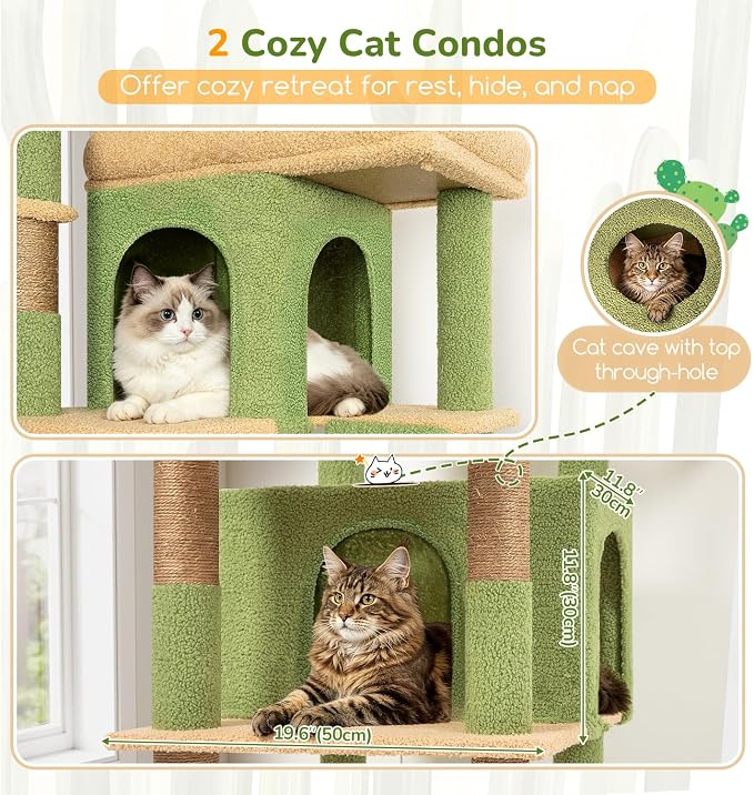 Globlazer 80in Extra Large Cactus Corner Cat Tree Tower S80G, Green | Tall Cat Condo For Multiple Indoor Cats Large Adult Kittens, Scratching Posts & Board, Widened Perches, Adjustable Baskets