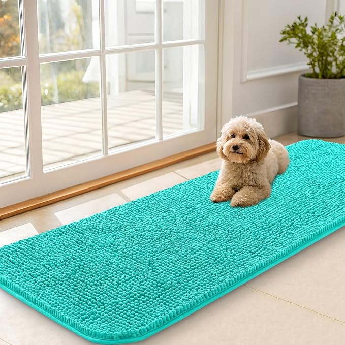 OLANLY Dog Door Mat for Muddy Paws 59x20, Super Absorbent Chenille Mud Mat | Teal, Absorbs Moisture and Dirt, Non-Slip Machine Washable Doormat, Quick-Drying Indoor Entryway Floor Carpet for Dogs