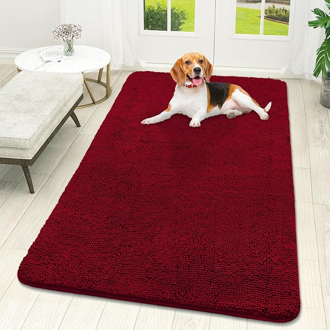 OLANLY Dog Door Mat for Muddy Paws 59x32, Super Absorbent Chenille Mud Mat | Red, Absorbs Moisture and Dirt, Non-Slip Machine Washable Doormat, Quick-Drying Indoor Entryway Floor Carpet for Dogs