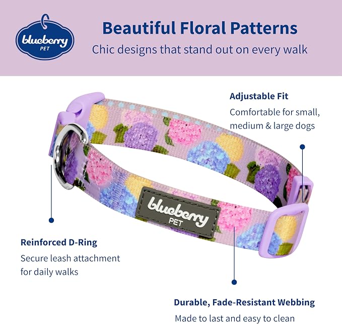 Blueberry Pet Purple Hydrangea Dog Collar, Adjustable Medium Size, Neck 14.5”-20”, Printed Pet Collar for Medium Dogs