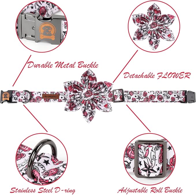 ·MR. CHUBBYFACE· Valentine's Dog Collar with Flower, Cute Pink Rose Cotton Dog Collar, Adjustable Valentine's Boy Girl Dog Collars with Metal Buckle for Small Medium Large Dogs