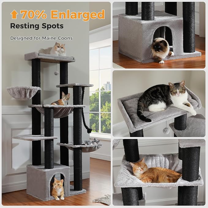 Maine Coon Cat Tree-67 Large Cat Tower for Indoor Cats Large Adult with 7 Thick Black Scratching Posts (φ4.3), Multi-Level Condo, Big Perch & Hammocks -Black | 7 thick 4.3in posts, Multi-level condo, XL top perch, Cozy hammocks, Sized for Maine Coon, H...