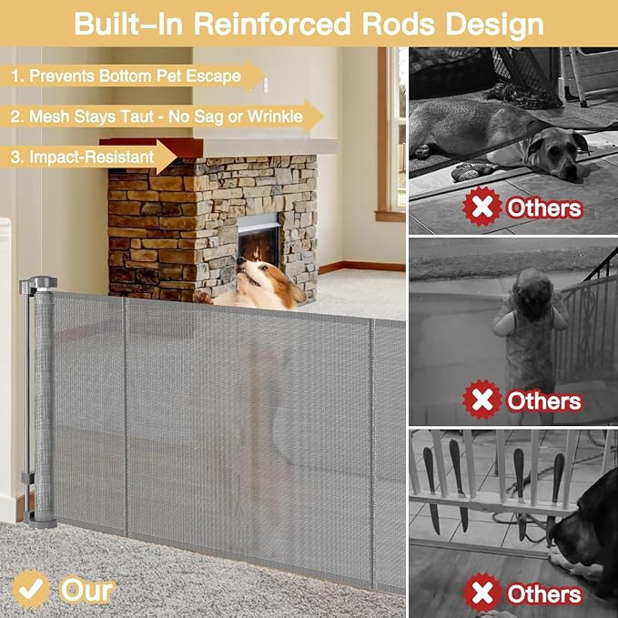 28 Inch Tall Retractable Baby Gates, 80" Wide Reinforced Retractable Dog Gate with Support Rods, Walk Through Pet Gate, Short Dog Gate Retractable Pet Gate, Mesh Baby Gate for Stairs, Doorways, Gray