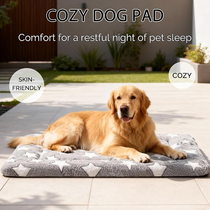 Dog Bed Mat, Reversible Crate Pad & Durable Dog Bed - Machine Washable Kennel Mat with Ultra Soft for Large Dogs (Cool/Warm), 35" x 23", Grey&Star