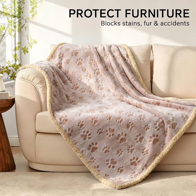 Luciphia Waterproof Pet Blankets Whith Paw Print for Couch Sofa Bed Cover, Liquid Pee Proof Soft Fluffy Dog Blanket Washable, Reversible Furniture Protection Puppy Cat, Khaki, Large（65" x 57"）