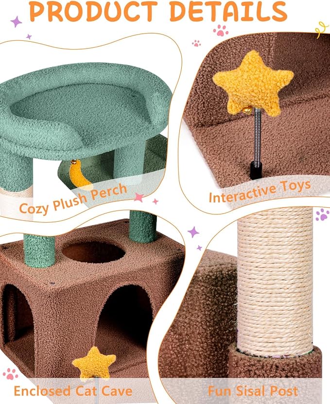 Small Cat Tree, Compact 30" Cat Tower for Indoor Kittens | Plush Finish, Cozy Condo, Soft Top Perch, Sisal Scratching Post, Dangling Ball Toy, Anti-Tip Base, for Cats up to 15 lbs