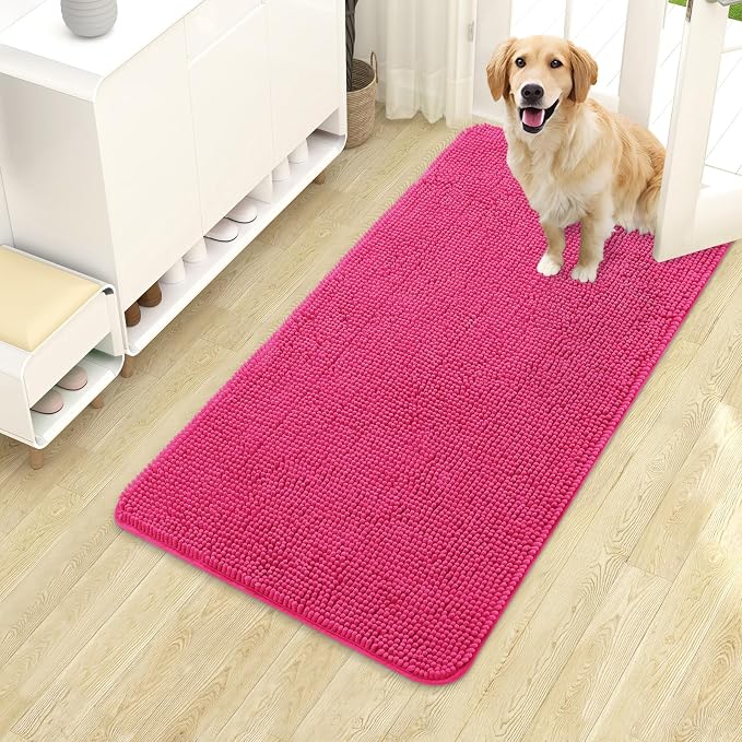 OLANLY Dog Door Mat for Muddy Paws 40x24, Super Absorbent Chenille Mud Mat | Hot Pink, Absorbs Moisture and Dirt, Non-Slip Machine Washable Doormat, Quick-Drying Indoor Entryway Floor Carpet for Dogs