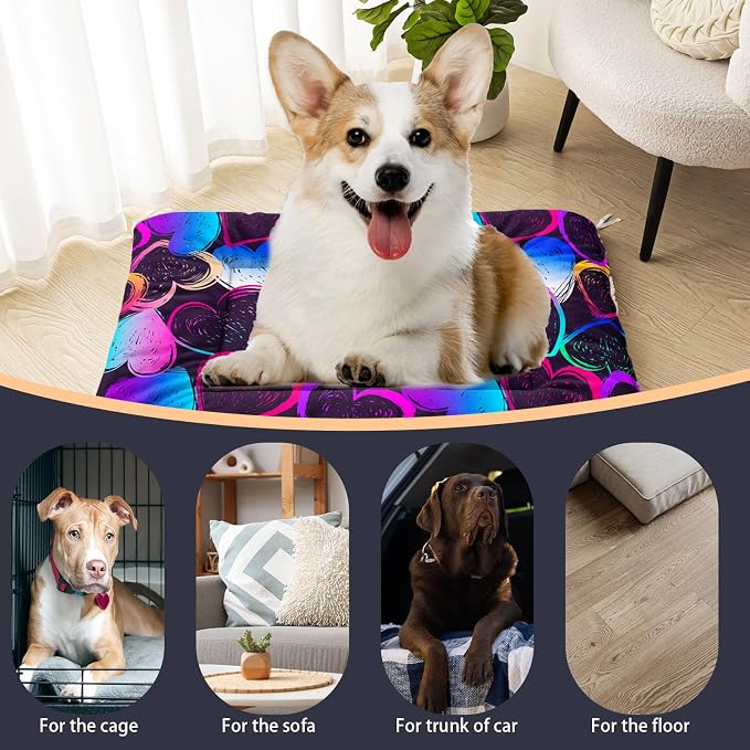 HOSIMA Multicolor Heart Pattern Pet Bed Mat,Fuzzy Crate Pads for Dog Cages,Washable Soft Cozy Sleeping Mat,Plush Black Pad Suitable for Medium Dog Bed,38L*32W Inch,Colorful.