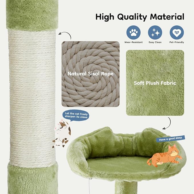 DUMOS 54-inch Cat Tree Tower with Scratching Posts, Indoor Use | Multi-Level Pet House for Large Cats with 2 Condos, Round Platform, Small Ladder and Toys, Green